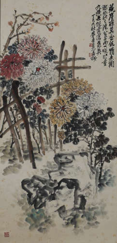 A Chinese Flowers Painting Scroll, Wu Changshuo Mark