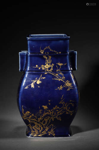 Blue Glaze gilded Floral Porcelain Vase with Ears