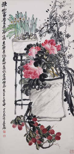 A Chinese Flowers Painting Scroll, Wu Changshuo Mark