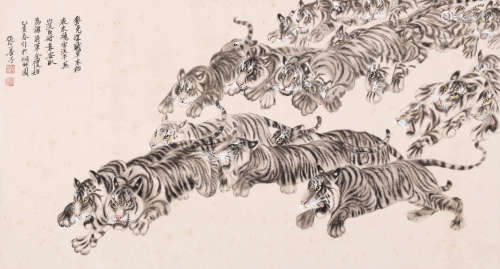 A Chinese Tigers Painting Scroll, Zhang Shanzi Mark