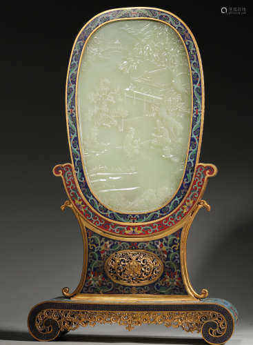 A Cloisonne Enamel Inlaid White Jade Figure Story Table Scre...