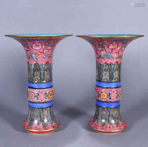 A Pair Of Famille Rose Floral Gu-Form Vases