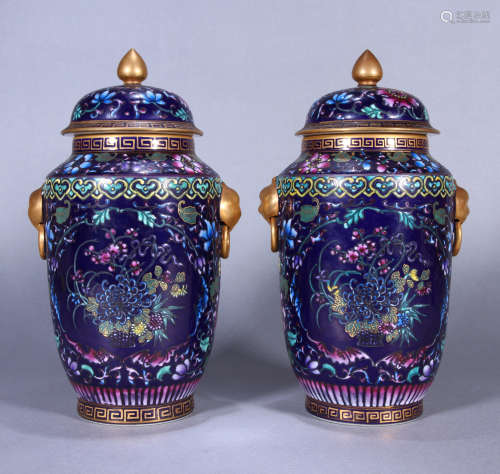 A Pair Of Gilt-Decorated Famille Rose Floral Jars And Covers