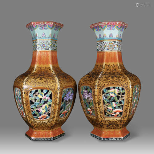 A Pair Of Famille Rose Floral And Bird Hexagonal Vases
