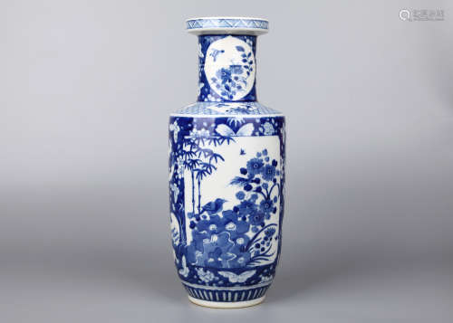 A Blue And White Floral And Bird Rouleau Vase