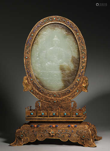 A Gilt-Bronze White Jade Inlaid Figure Table Screen