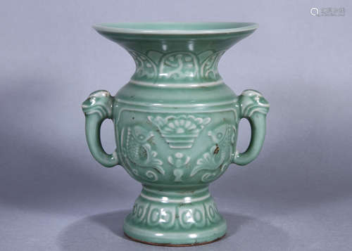 A Longquan Celadon Fish Double-Handled Vase