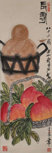 A CHINESE PEACH PAINTING,INK AND COLOR ON PAPER, QI BAISHI