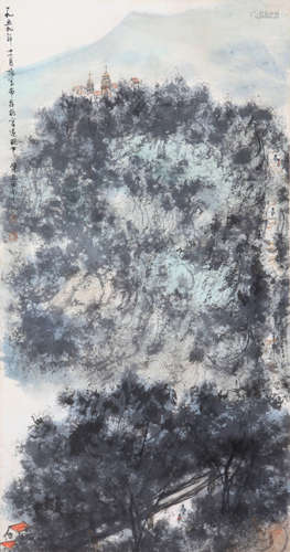 A CHINESE LANDSCAPE PAINTING,INK AND COLOR ON PAPER, HANGING...