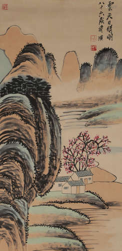 A CHINESE LANDSCAPE PAINTING,INK AND COLOR ON PAPER, QI BAIS...