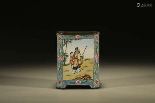 A PAINTED ENAMEL FIGURE STORY BRUSH POT