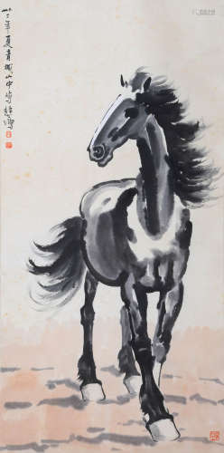 A CHINESE HORSE PAINTING,INK AND COLOR ON PAPER, HANGING SCR...