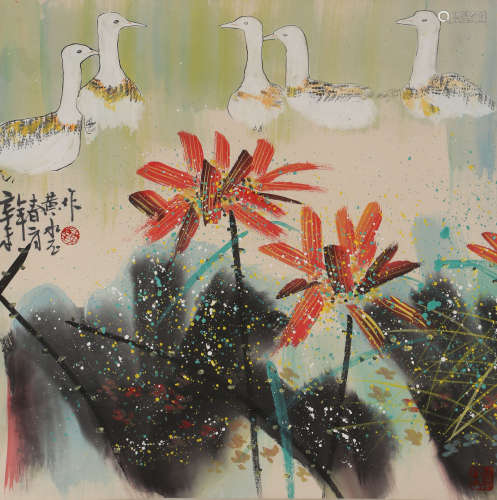 A CHINESE FLOWER PAINTING,INK AND COLOR ON PAPER, HUANG YONG...