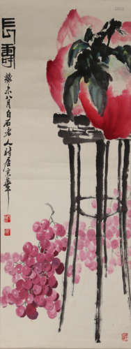 A CHINESE PEACH PAINTING,INK AND COLOR ON PAPER, QI BAISHI