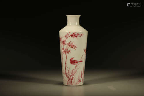 A RUBY-GLAZED FLOWER AND BIRD VASE