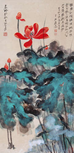A CHINESE LOTUS PAINTING,INK AND COLOR ON PAPER, HANGING SCR...
