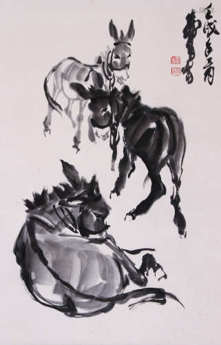 A CHINESE DONKEY PAINTING,INK ON PAPER, HANGING SCROLL, HUAN...