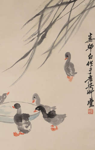 A CHINESE DUCK PAINTING,INK AND COLOR ON PAPER, LOU SHIBAI