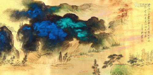 A CHINESE LANDSCAPE PAINTING,INK AND COLOR ON PAPER, MOUNTED...