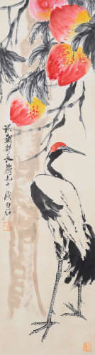 A CHINESE CRANE PAINTING,INK AND COLOR ON PAPER, HANGING SCR...