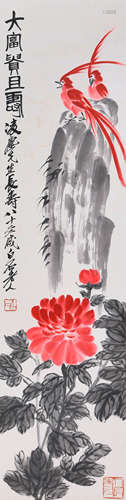 A CHINESE FLOWER PAINTING,INK AND COLOR ON PAPER, HANGING SC...