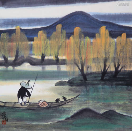 A CHINESE LANDSCAPE PAINTING,INK AND COLOR ON PAPER, HANGING...