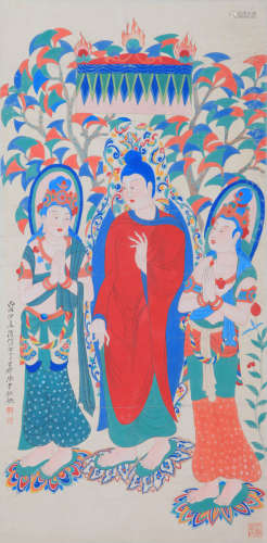 A CHINESE BUDDHA PAINTING,INK AND COLOR ON PAPER, HANGING SC...