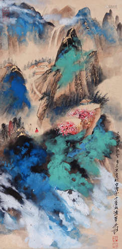 A CHINESE LANDSCAPE PAINTING,INK AND COLOR ON PAPER, HANGING...