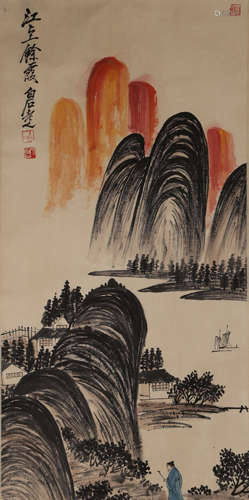 A CHINESE LANDSCAPE PAINTING,INK AND COLOR ON PAPER, QI BAIS...