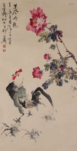 A CHINESE ROOSTER PAINTING,INK AND COLOR ON PAPER, WANG XUET...