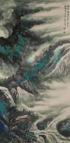 A CHINESE LANDSCAPE PAINTING,INK AND COLOR ON PAPER, HE HAIX...