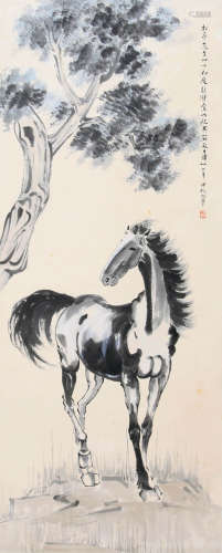 A CHINESE HORSE PAINTING,INK AND COLOR ON PAPER, HANGING SCR...