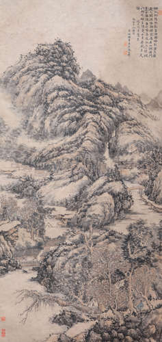 A CHINESE LANDSCAPE PAINTING,INK AND COLOR ON PAPER, HANGING...