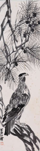 A CHINESE EAGLE PAINTING,INK ON PAPER, HANGING SCROLL, QI BA...