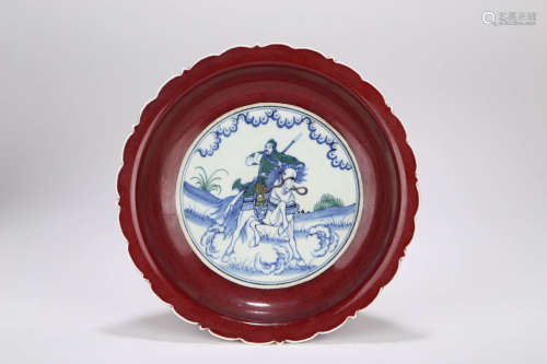 A SACRIFICIAL-RED-GLAZED WARRIOR AND HORSE LOBED PLATE