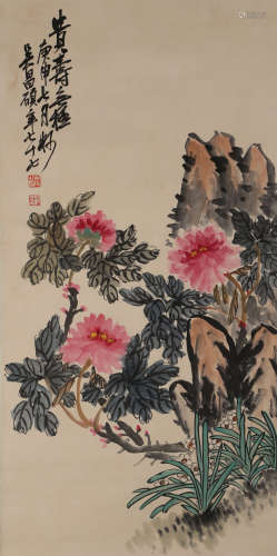 A CHINESE FLOWER PAINTING,INK AND COLOR ON PAPER, WU CHANGSH...