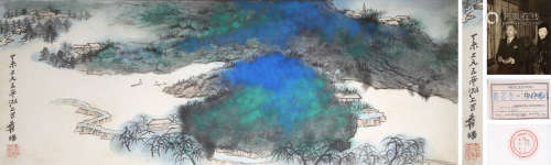A CHINESE LANDSCAPE PAINTING, INK AND COLOR ON PAPER, ZHANG ...