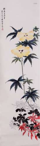 A CHINESE FLOWER PAINTING, INK AND COLOR ON PAPER, HANGING S...