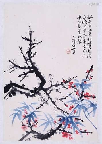 A CHINESE PLUM AND BAMBOO PAINTING ON PAPER, MOUNTED, KANG S...