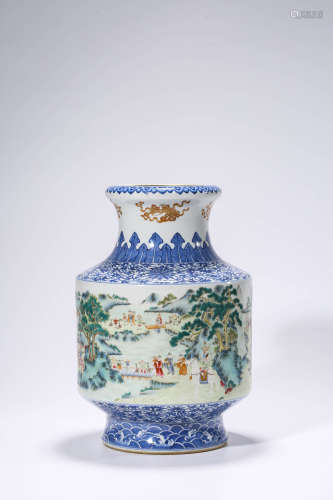 A BLUE AND WHITE FAMILLE ROSE FIGURE STORY LANTERN VASE