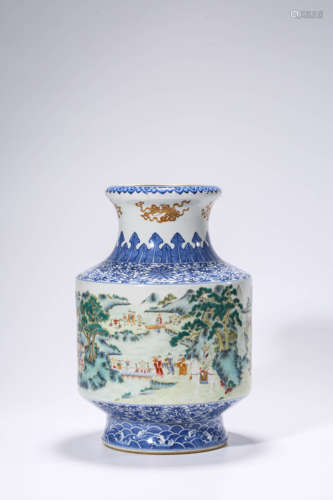 A BLUE AND WHITE FAMILLE ROSE FIGURE STORY LANTERN VASE