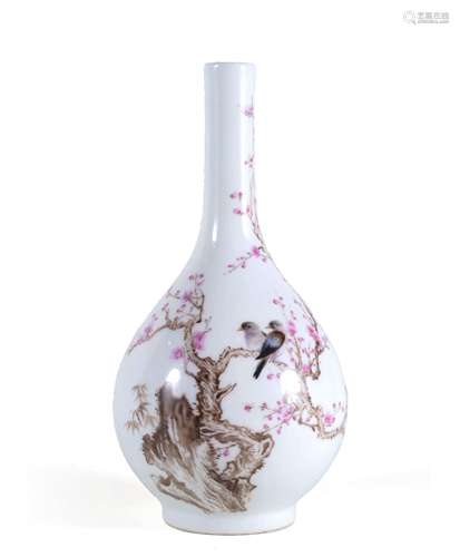 AN ENAMEL GLAZED 'MAGPIE AND PLUM BLOSSOM' BOTTLE VASE