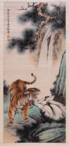 A CHINESE TIGER PAINTING, INK AND COLOR ON PAPER, HANGING SC...