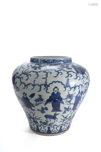 A BLUE AND WHITE FIGURE AND STORY JAR