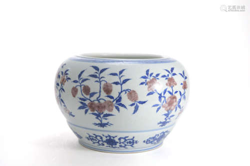 A BLUE AND WHITE UNDERGLAZE RED AUSPICIOUS FRUIT WATER VESSE...