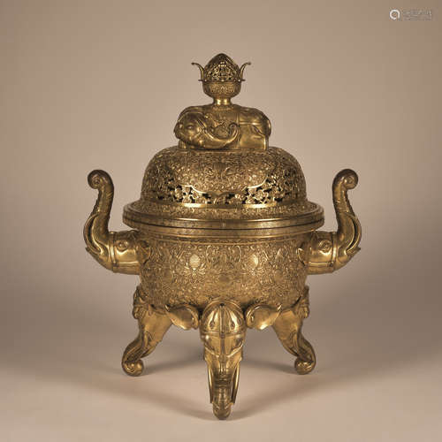 A GILT-BRONZE ELEPHANT-FOOT INCENSE BURNER