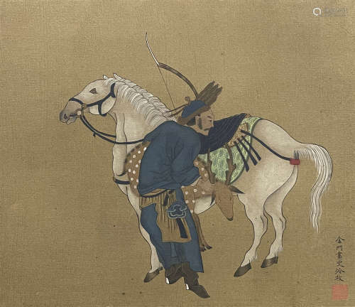 A CHINESE FIGURE AND HORSE PAINTING, LENG MEI MARK
