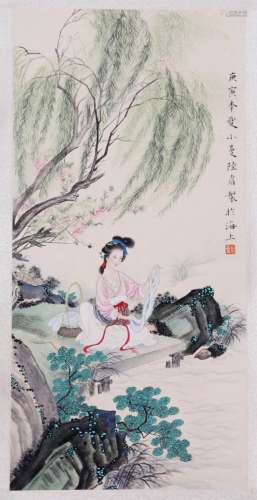 A CHINESE LADY PAINTING ON PAPER, HANGING SCROLL, LU XIAOMAN...