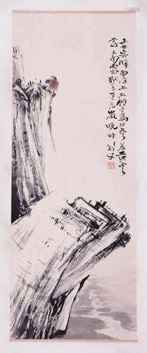 A CHINESE LANDSCAPE PAINTING, INK AND COLOR ON PAPER, MOUNTE...