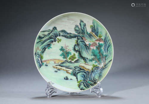 A FAMILLE ROSE LANDSCAPE PLATE